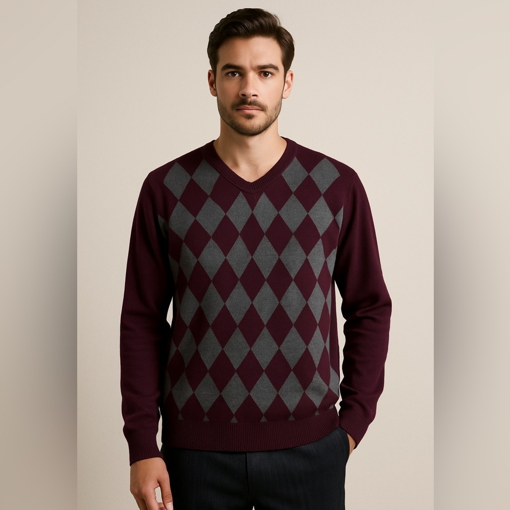 Roundtree & Yorke Burgundy Argyle Cotton Sweater XL | Preppy Old Money  Mens